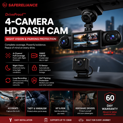 DriveProof™ | 4-Camera HD Dash Cam with Night Vision & Parking Protection