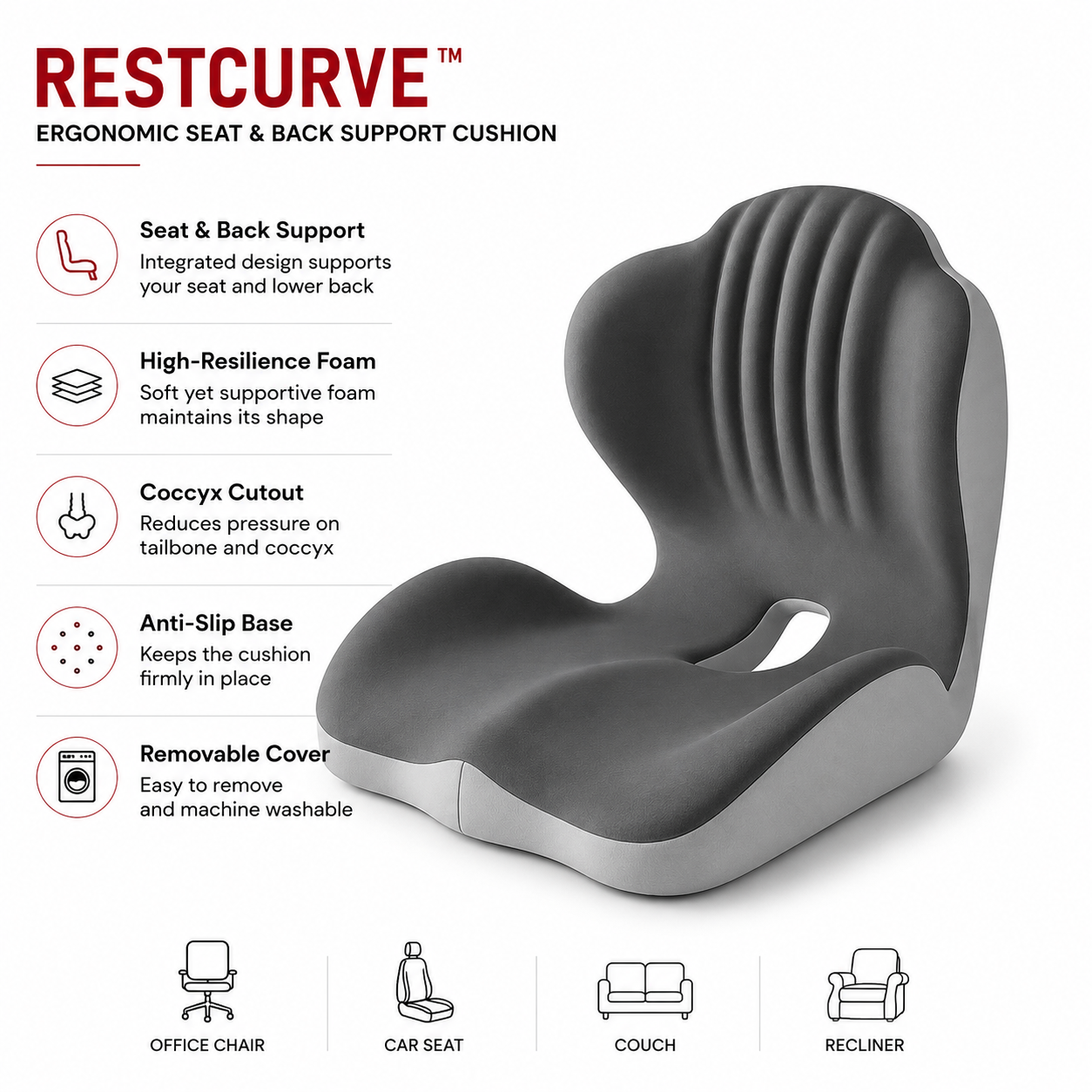 RestCurve™ Ergonomic Seat & Back Support Cushion