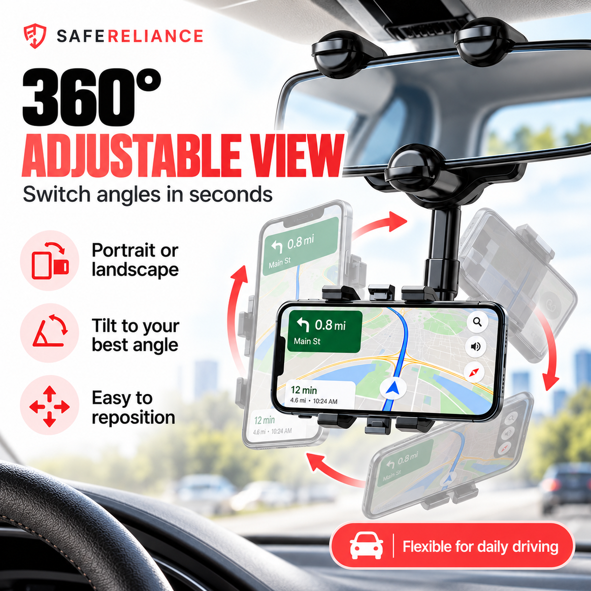 MirrorReach™ 360° Rearview Mirror Phone Holder