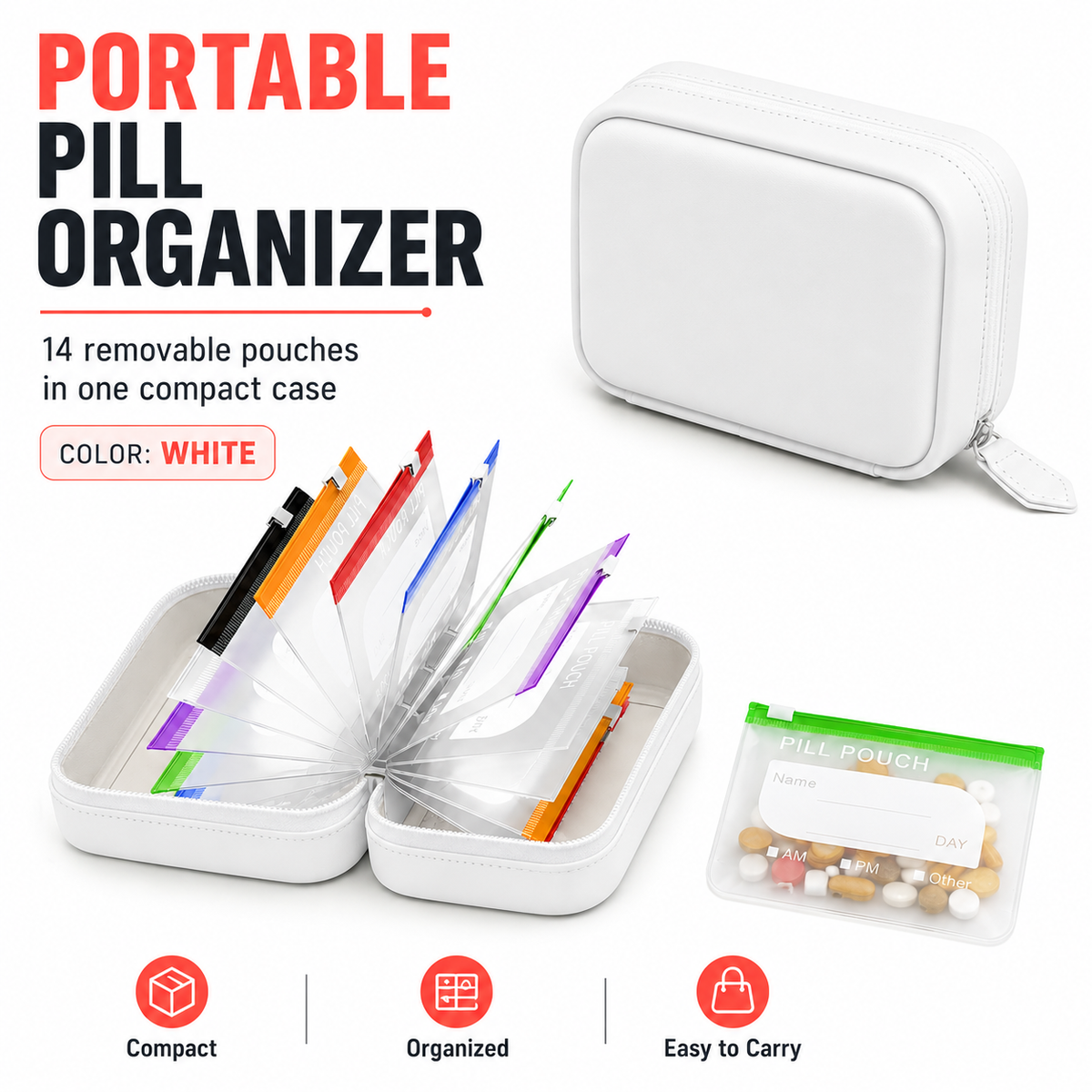 PillPort™ Travel Pill Organizer – 14 Removable Pouches
