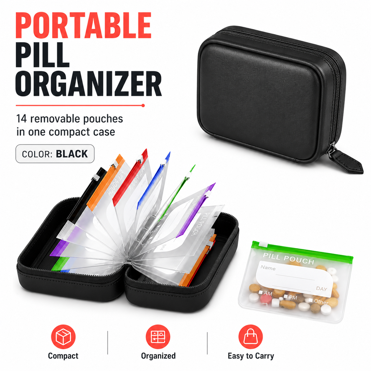PillPort™ Travel Pill Organizer – 14 Removable Pouches