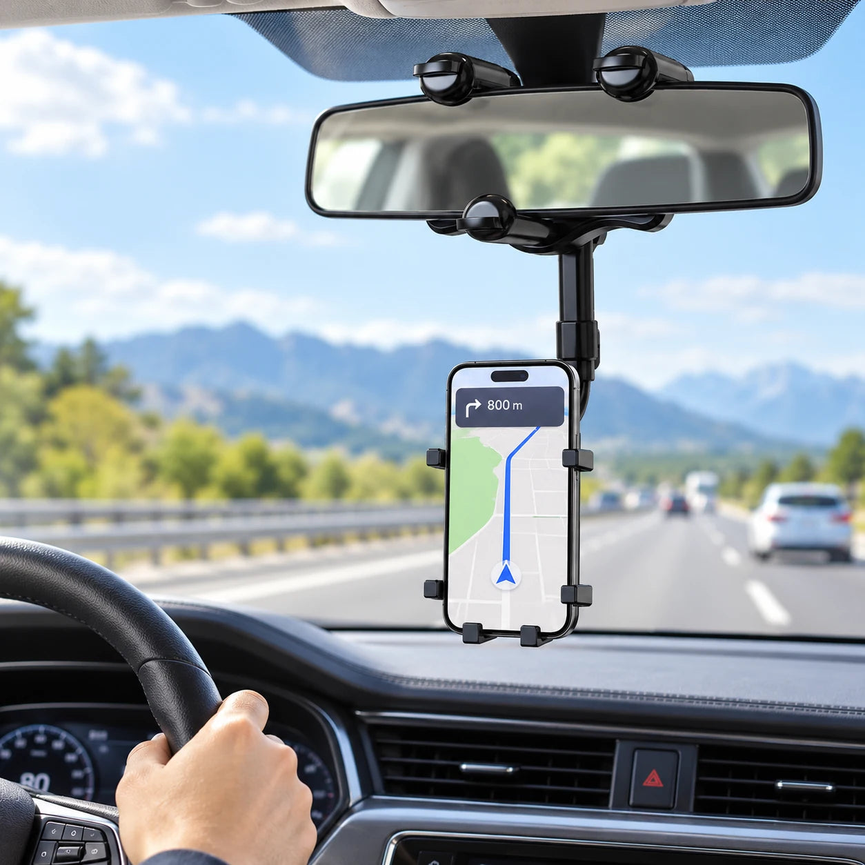 MirrorReach rearview mirror phone holder placing navigation in an easy-to-see position