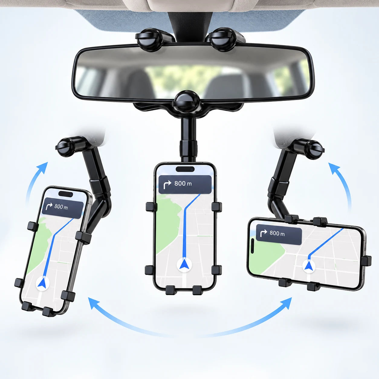 MirrorReach phone mount adjusted between portrait and landscape viewing orientations