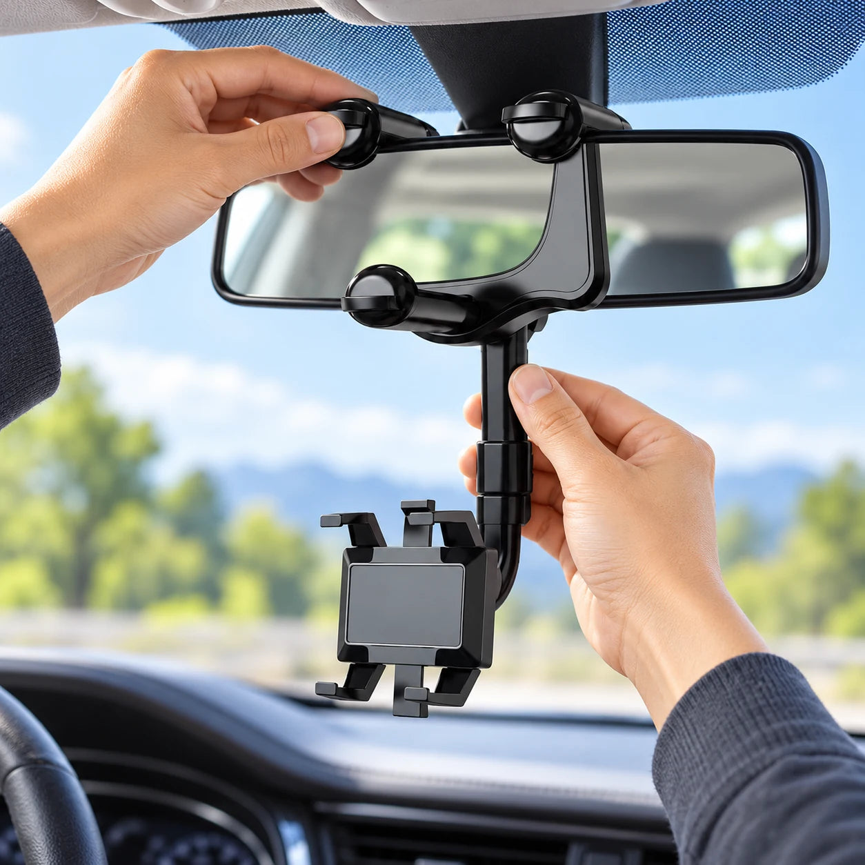 Hands installing MirrorReach upper clamp on a compatible rearview mirror