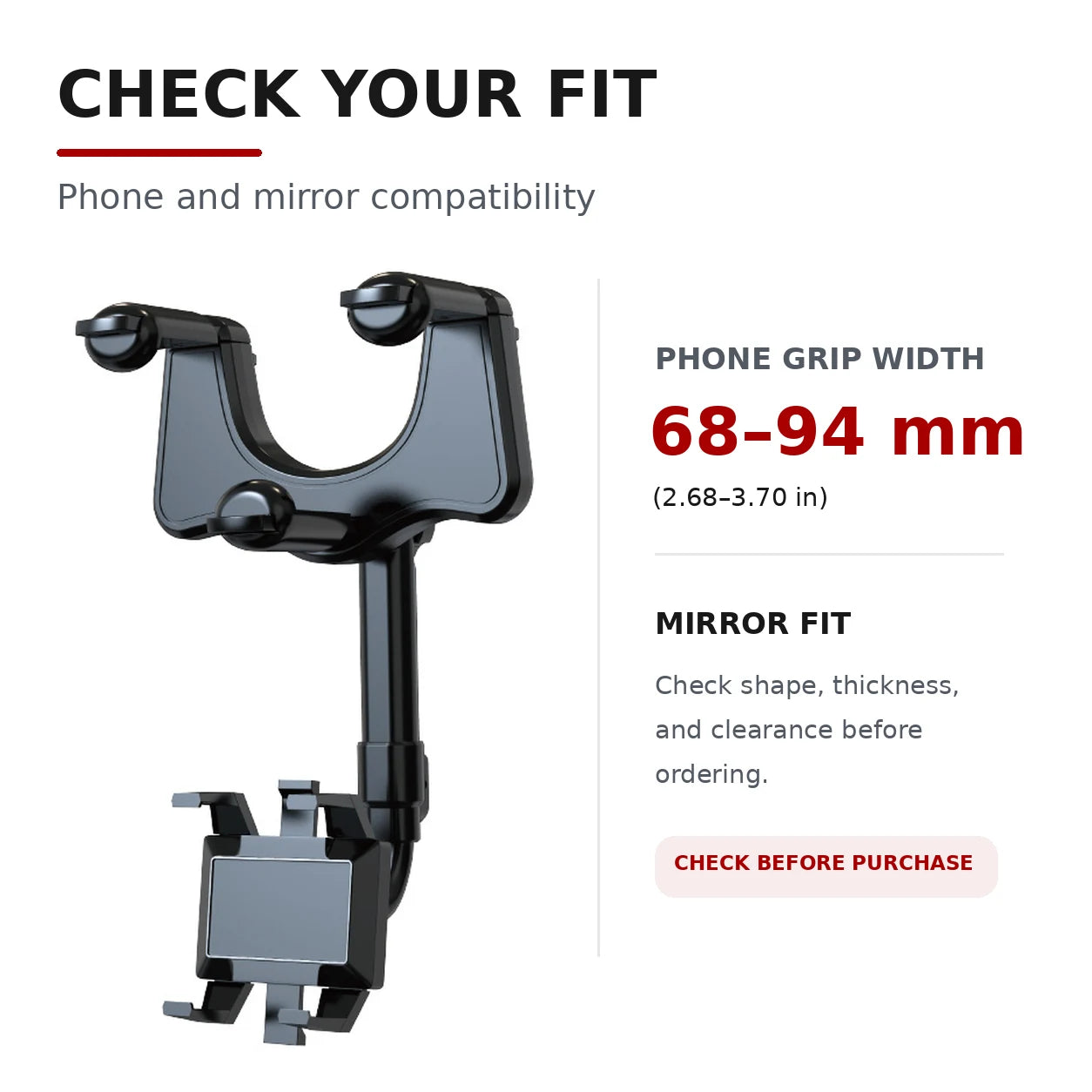 MirrorReach phone width compatibility guide showing adjustable grip of approximately 68 to 94 millimeters